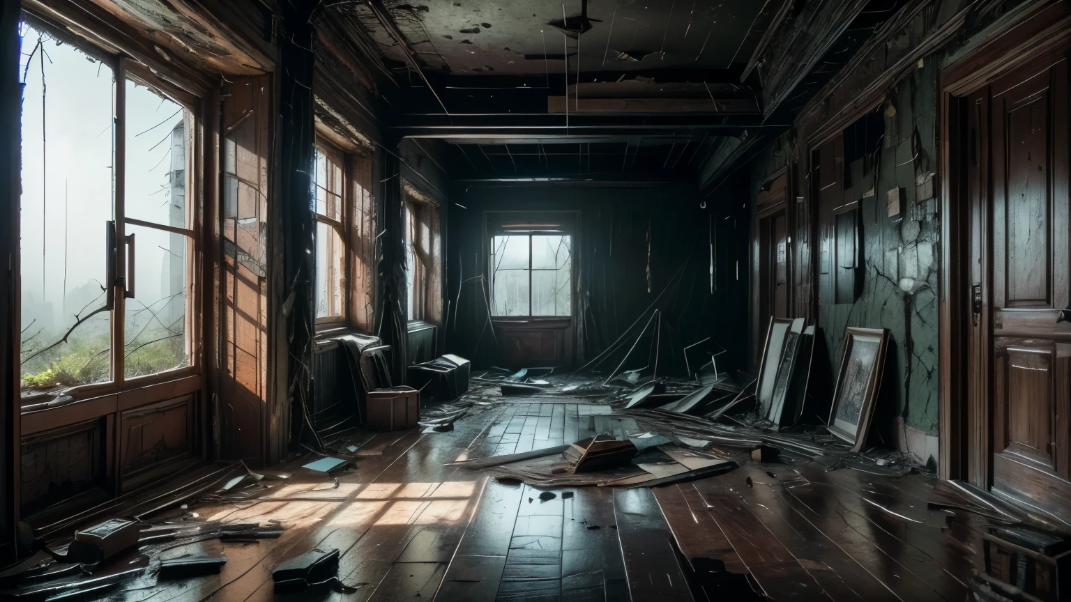 A surreal, dilapidated abandoned place, crumbling walls, overgrown with vines, shafts of light streaming through broken windows, dust motes swirling, a sense of decay and forgotten history, (best quality,8k,highres,masterpiece:1.2),ultra-detailed,(realistic,photorealistic,photo-realistic:1.37),dramatic lighting,moody atmosphere,cinematic composition,intricate details,decrepit,atmospheric,melancholic,gritty,dystopian,abandoned house,neglected,eerie,mysterious,haunting, blur