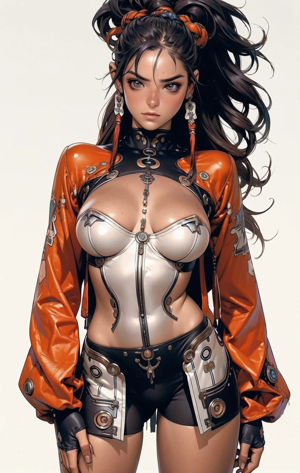 (((best final quality))), ssmile(((standing alone:1.2))),(((1 girl:1.2))),((((beautiful perfect woman)))),(((perfectbody detalhado, perfect finger detailed))),((((((final film poster)))))),(((to burst, close up))),((((detailed complicated machine)))),(((((mechanical genius))))),(((American comics))),(((extreme highlights))),(((extremely colorful, primary colours))),neckleace, super beautiful lady,(((Typography))),text, (Unbeatable masterpiece), (hiper HD),(CG 8k hyper-realistic), (((brave face))), (((breasts big))), (((hyper feminine))), (((musclegirl))), sexly girl, king of fighter,(straight hair with thin braids)), ((( sculptural body ))), (((1 girl))), garota de 25 anos com perfectbody,,Beautiful and well-groomed face,muscular body:1.2,solid color detailed jacket, (Head to thigh photos), Complex equipment, (((standing alone))), pirralha violent, (((14歳))), sexly, pose de atitude, work of art, post-apocalypse, (((manga style))), bounty hunter, violent, Manic, the way you want, slenderbody, thin but strong, perfectbody, roupa moderna, advanced technology, neon, sleeves with vertical striped pattern, intricate background, (( cowboy shot )). intricate visual