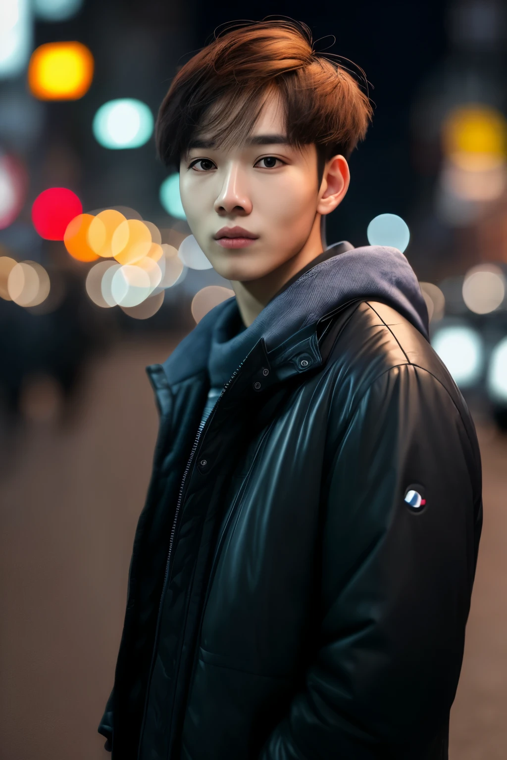 A young man,um close up de na rua , master part, realistic , 4K, circumstantial, of Seoul at night,  highly detailed face, f2.8,Denoise, DOF, casual clothes, blur background,