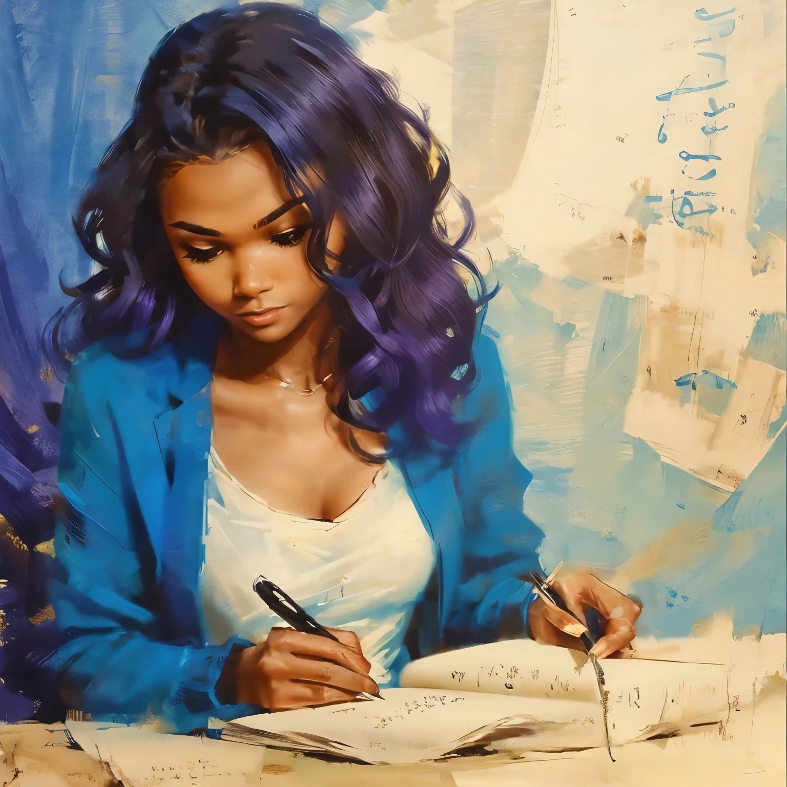 Zendaya's face, black woman with full long curly hair writing in a book with an old pen