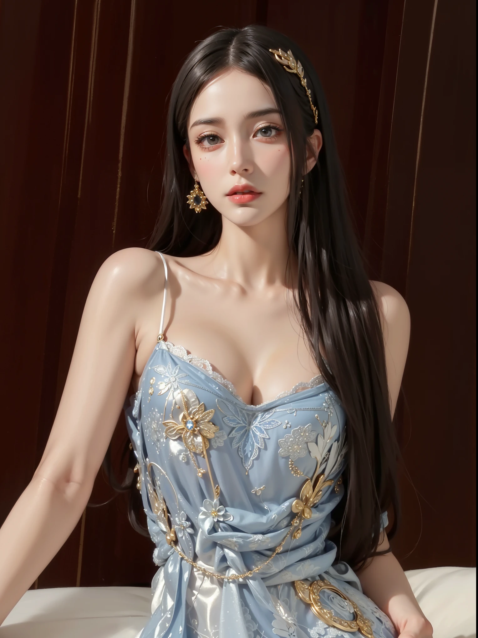 Very detailed, Delicate face, Realistic style, Stock Photography , rich and colorful, Surrealism, Realistic textures, Dramatic Lighting, Distiller 800 (8K, original photo, Better quality, masterpiece: 1.2), Very detailed, (Extremely delicate skin: 1.2), 8K Ultra HD, SLR camera, Soft Light, high quality, Frozen Queen,, snow castle,Blue pupils,Apply red lipstick,Tattoo Queen,Gorgeous clothing,gem, diamond, Gold Jewelry,