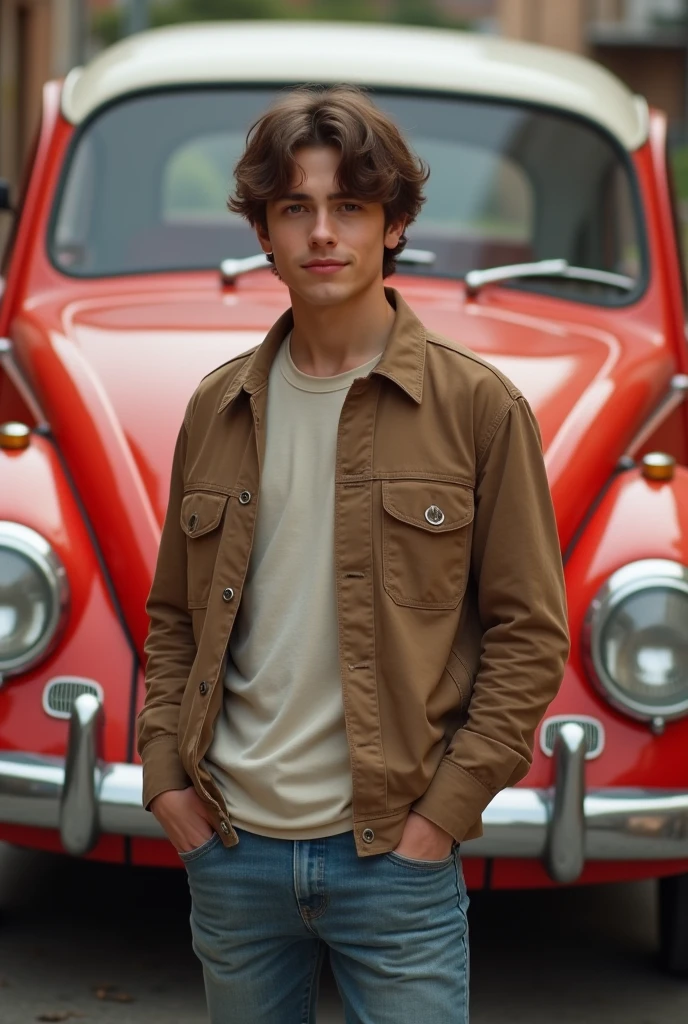 A white 19 year old brown haired ???. He has a cute stature, a button nose, and large round ears. He’s also wearing tattered brown overalls. A sweet/goofy smile lays across his face.