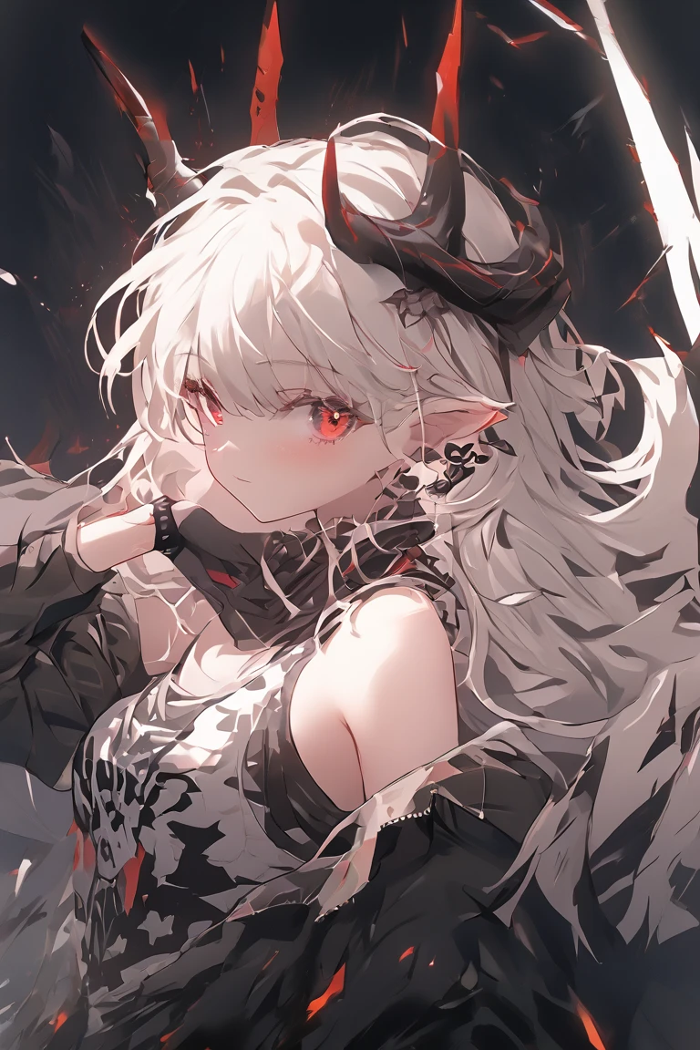 solo, 1girl, red eyes, (short white hair), weapon, sword, horns, gloves bare shoulders, helmet, mask, black gloves, armor, lookingn at viewer,breasts, long sleeves, glowing, dress, mudrock (arknights)