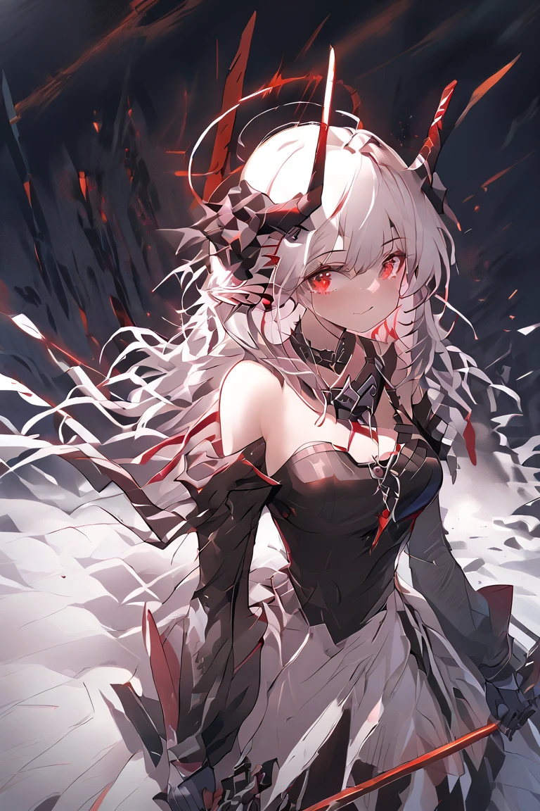 solo, 1girl, red eyes, (short white hair), weapon, sword, horns, gloves bare shoulders, helmet, mask, black gloves, armor, lookingn at viewer,breasts, long sleeves, glowing, dress, mudrock (arknights)