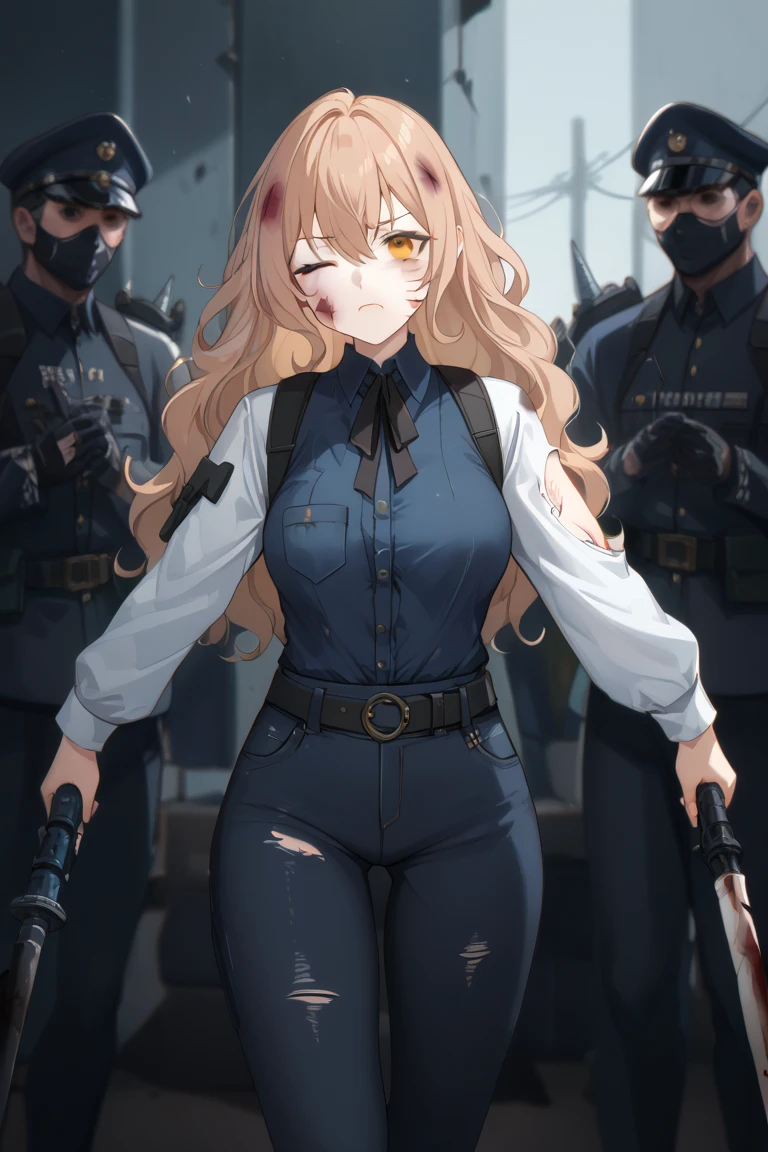  A young woman ,  with light brown hair , amber eyes,  fluffy and wavy hair ,  wears lenses,  wears black military boots ,  dark blue jeans pants ,  dark navy blue shirt .  battle posture , wounds on the body,  torn and damaged clothing , Suffering face ,  an eye closed ,  bloodstains on the body and clothes.