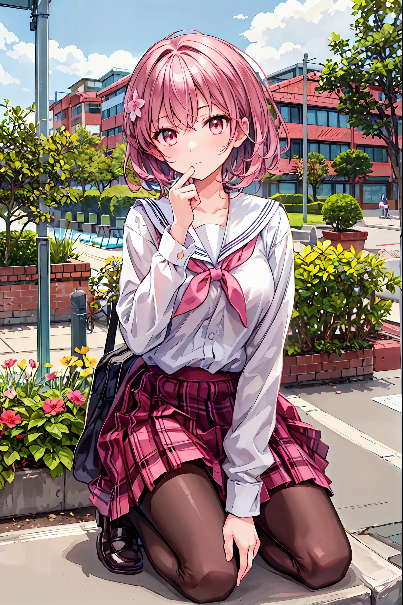 ((Masterpiece)), ( best quality ), ( ultra detail ), ( Beautiful Illustration),
outdoor, Flower Garden, cherry blossoms,
Concealed Tsukiko , gray hair, short hair, aqua eyes, SIDE PONYTAIL , school uniform, white shirt, Pink Plaid Skirt , black legwear,
Alone, ,
kneel, the above, focus on face , face close-up while changing clothes, cat_hand_ pose, poker face, fist