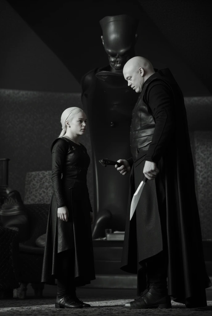 Rhaenyra Targaryen,behind her Baron Vladimir Harkonnen holding a knife