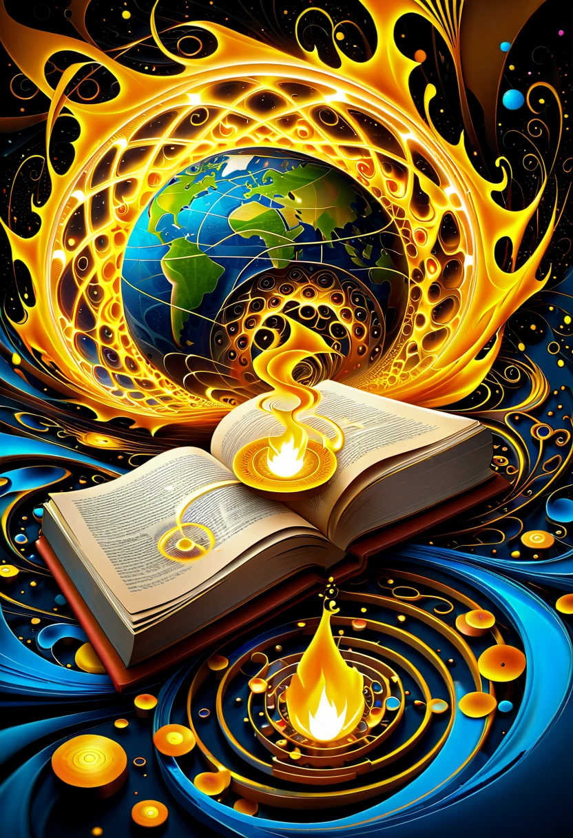 book (((magic))), earth, water, fire, wind, magic circles, abstract, fractal, pattern, yellow, creative, artstation, vector, golden ratio