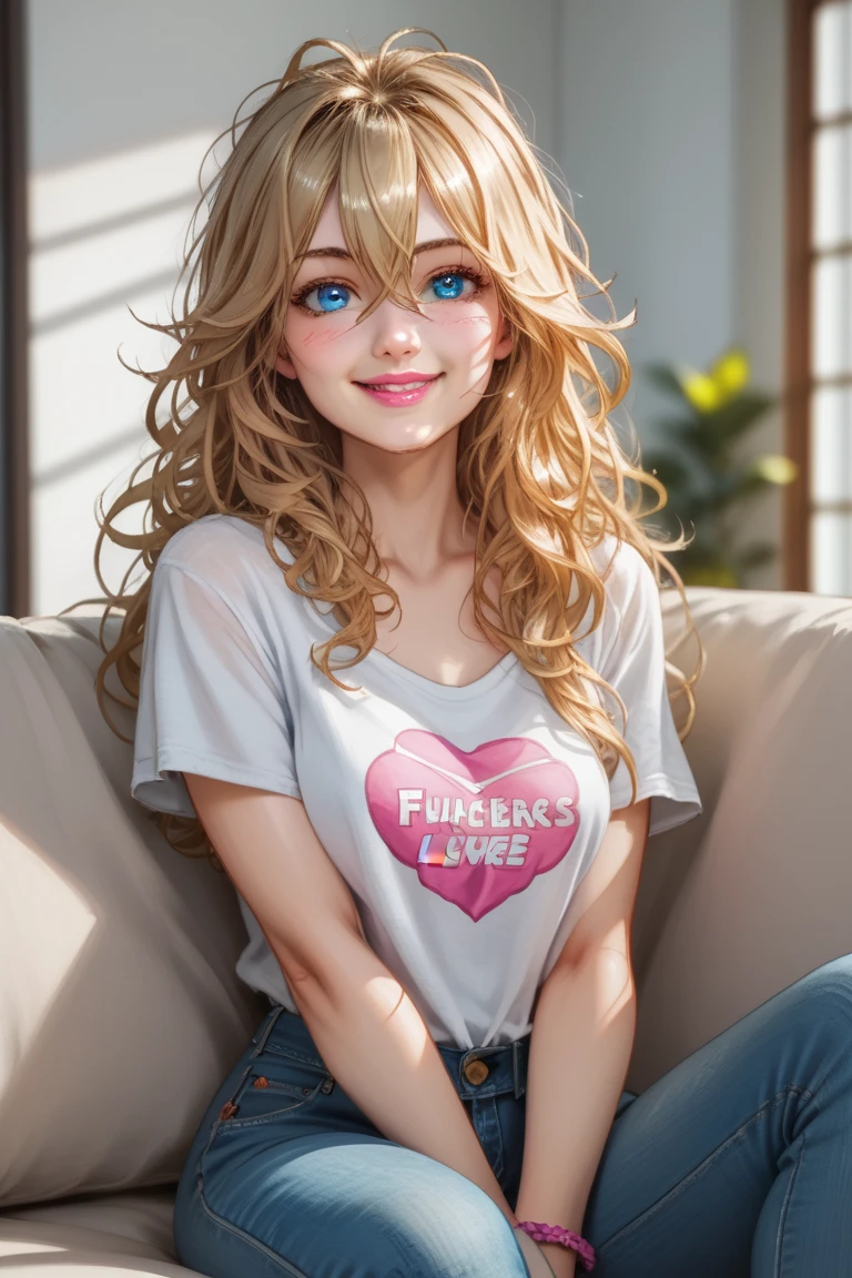 1 normal girl, 4k, HDR,  long hair, ultra cute face, beautiful lights and shadows, ultra detailed, 1girl, Solo, Breasts, Detailed Blue Eyes, Medium Length Blonde Hair, Long Layers,Bangs, Hair Between Eyes, Messy Hair, Hair Over Shoulders, Accurate, Blush, Smile, Pink Lips, Casual outfit, Tshirt and jeans, Sitting on couch, Casual 80s living room background,  League of Legends, DC Comics, Accurate, Anatomically Correct, Detail, High Quality, Detailed Face, High Resolution, 80s sitcom, Rachel Green, Jennifer Aniston