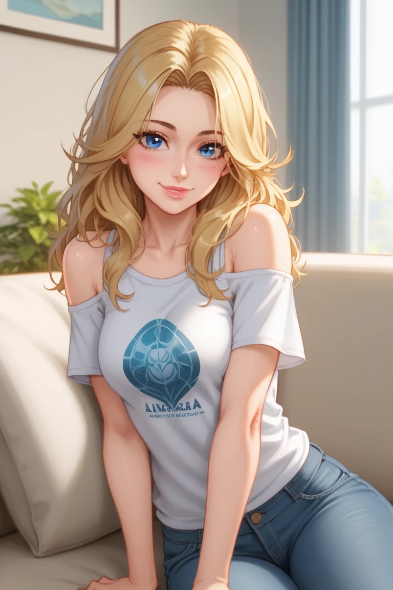 1 normal girl, 4k, HDR,  long hair, ultra cute face, beautiful lights and shadows, ultra detailed, 1girl, Solo, Breasts, Detailed Blue Eyes, Medium Length Blonde Hair, Long Layers,Bangs, Hair Between Eyes, Messy Hair, Hair Over Shoulders, Accurate, Blush, Smile, Pink Lips, Casual outfit, Tshirt and jeans, Sitting on couch, Casual 80s living room background,  League of Legends, DC Comics, Accurate, Anatomically Correct, Detail, High Quality, Detailed Face, High Resolution, 80s sitcom, Rachel Green, Jennifer Aniston