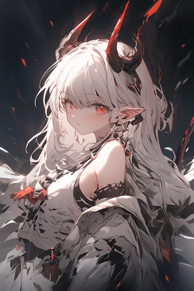 solo, 1girl, red eyes, (short white hair), weapon, sword, horns, gloves bare shoulders, helmet, mask, black gloves, armor, lookingn at viewer,breasts, long sleeves, glowing, dress, mudrock (arknights)