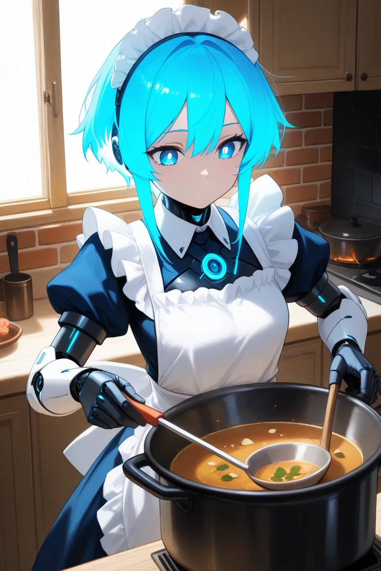 masterpiece,best quality,very aesthetic,absurdres,
1girl, anime style, android, robot, female android,  girl physique, white body, black parts, large and cute eyes, large blue eye-like light parts, blue eyes, white pupils, short blue glowing hair reaching shoulders, slightly unruly hair, disheveled hair, very long sidelocks reaching ankles, short hair at back, maid uniform, frilly, cooking, stirring a large pot of soup with a ladle, very mechanical, no mouth or eyebrows, large chest, armored chest parts, armored abdomen, cute pose, girlish pose, close up, kitchen, brick tile and wooden furniture






