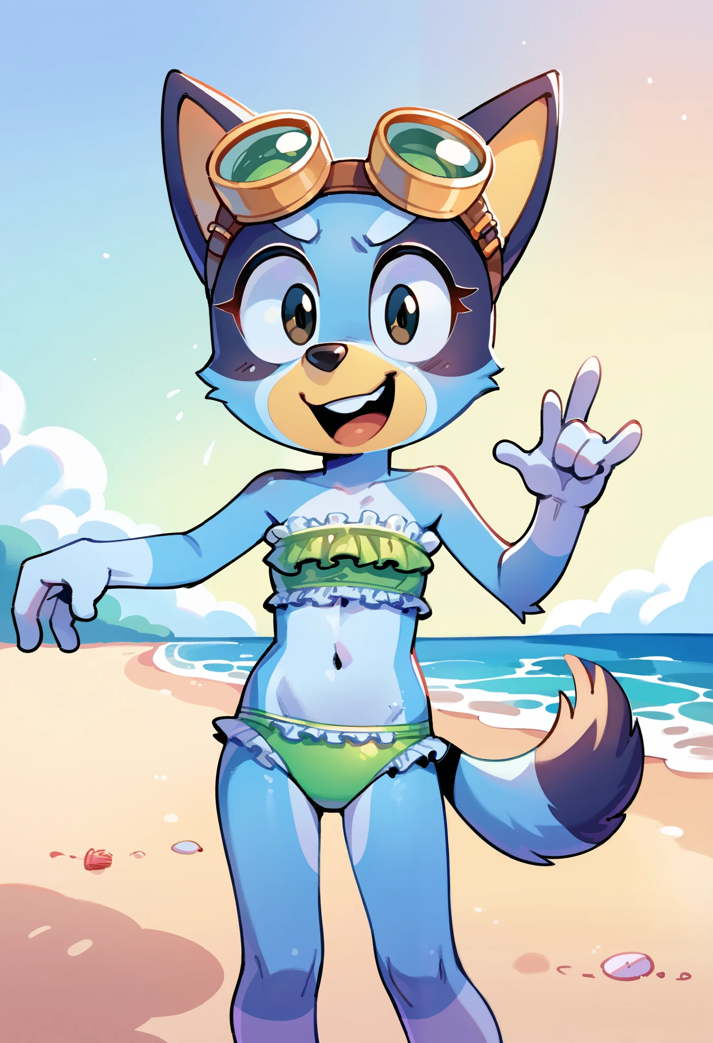 score_9, score_8_up, score_8, 1girl, source_cartoon, source_furry, blueyxl, bluey heeler, , young, girl, anthro, furry, tail, blue body, animal ears, flat shaded background, :3, feminine, female, slender figure, slim body, short body, tiny body, ((goggles, green frilly strapless bikini top, midriff, green ruffled bikini bottom)), navel, countershading, beach, clear sky, navel, gorgeous body, anime style, 2D, breaking the fourth wall, snark face, snarky, pointing at you, talking to viewer, open mouth,
