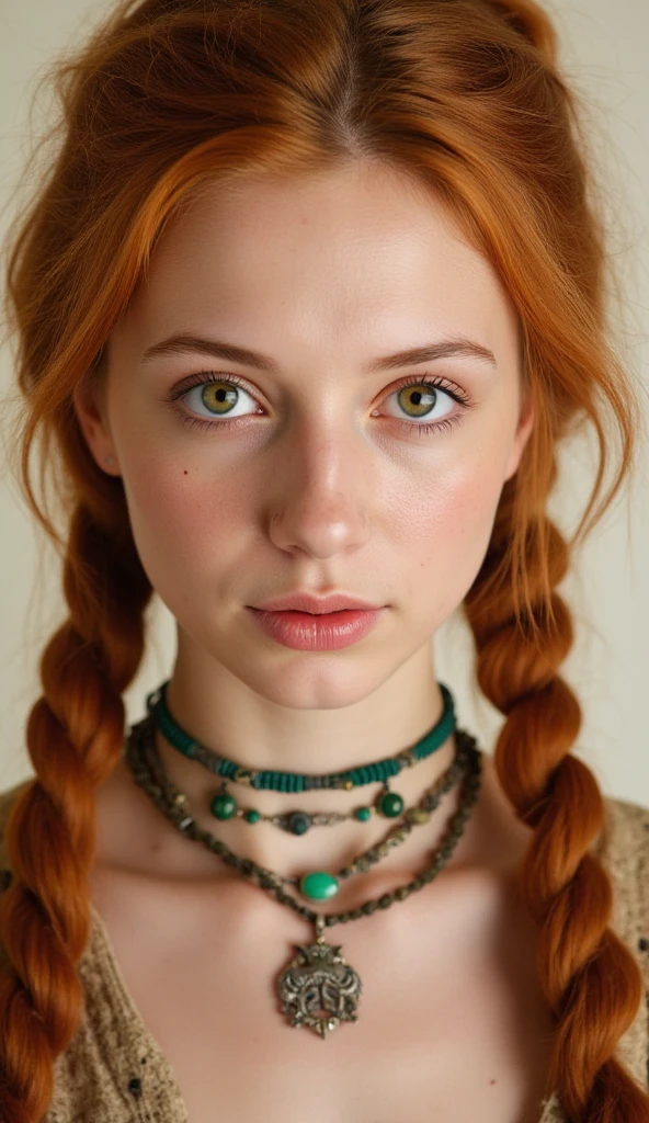 A sultry farm girl poses confidently, gazing directly into the camera lens. She sports fiery red locks, freckled skin, and piercing green peepers. A braided crown adorns her ginger hair, framing her striking features. Luscious lingerie hugs her curvaceous hourglass figure, accentuating thick thighs and a notable thigh gap. Her athletic physique is on full display as she strikes a seductive pose, five fingers splayed across her knees. A perfect, cute face radiates an inviting charm, making the viewer feel like they're being pulled into her gaze.

