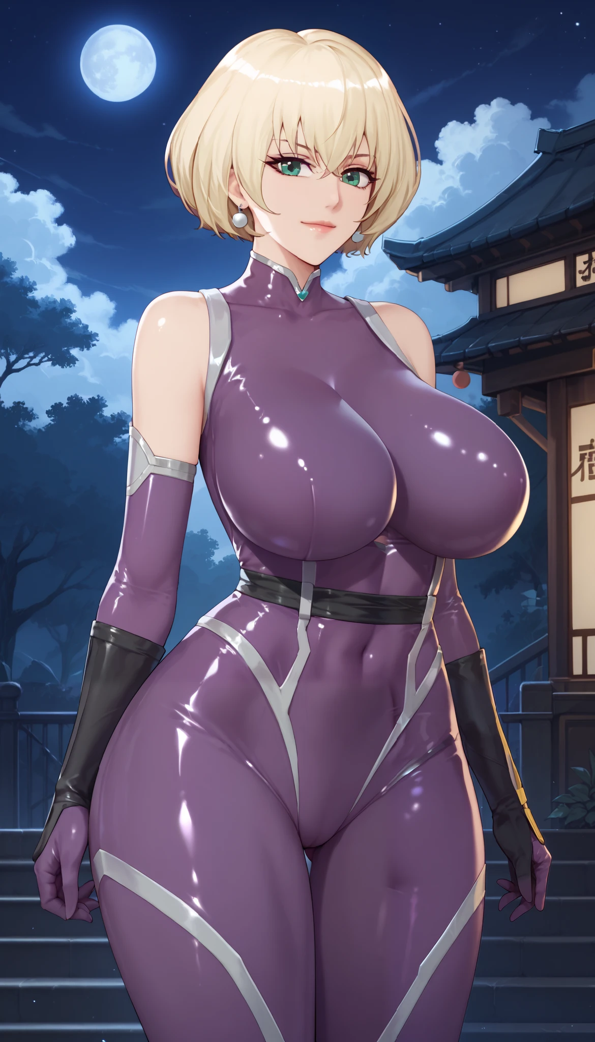 score_9,score_8_up,score_7_up,score_6_up,score_5_up,alienquestellen,short hair,blonde hair,curvy,huge breasts,bubble butt,ass visible through thighs,outdoors, smile, closed mouth locking at viewer ring earring large breasts huge breasts , green eyes , ellen alien quest eve ,,,,,  igawaasagi, asagi, shiny clothes, ninja, asagi suit, covered collarbone, purple bodysuit, elbow gloves, bare shoulders, tasasgi, skin tight, purple ninja bodysuit, bare_shoulders, purple_bodysuit, gloves, fishnet_gloves, bodysuit, asagiigawa, impossible_clothes, fishnets , moon , night 