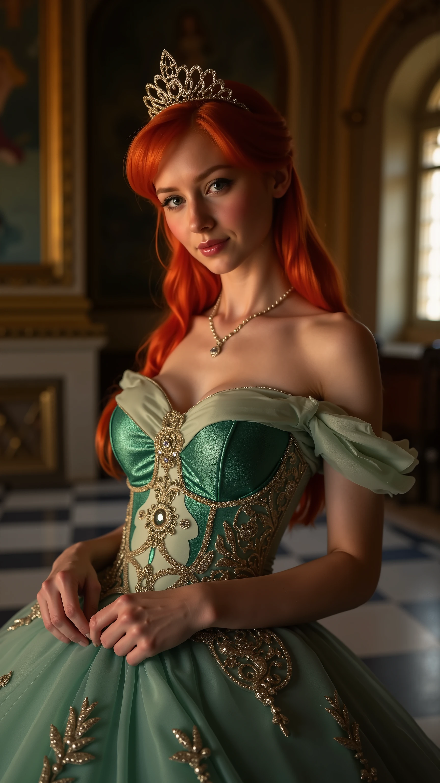 Low angle portrait of a demure figure, a in a ariel costume, ornate ball gown, ((18 years old with tiny breasts; Disney princess Ariel costume; glued to the body; beautiful and elegant; tiny breasts; red hair swept to the side))) and piercing gaze, standing in a dimly lit palace room with ornate designs and a high ceiling, with just a hint of early morning sunlight peeking through the windows. She playfully lifts up her dress exposing her bare legs, as she gives a big smile. The lighting in the room is dim with a lot focus on her tiny breasts