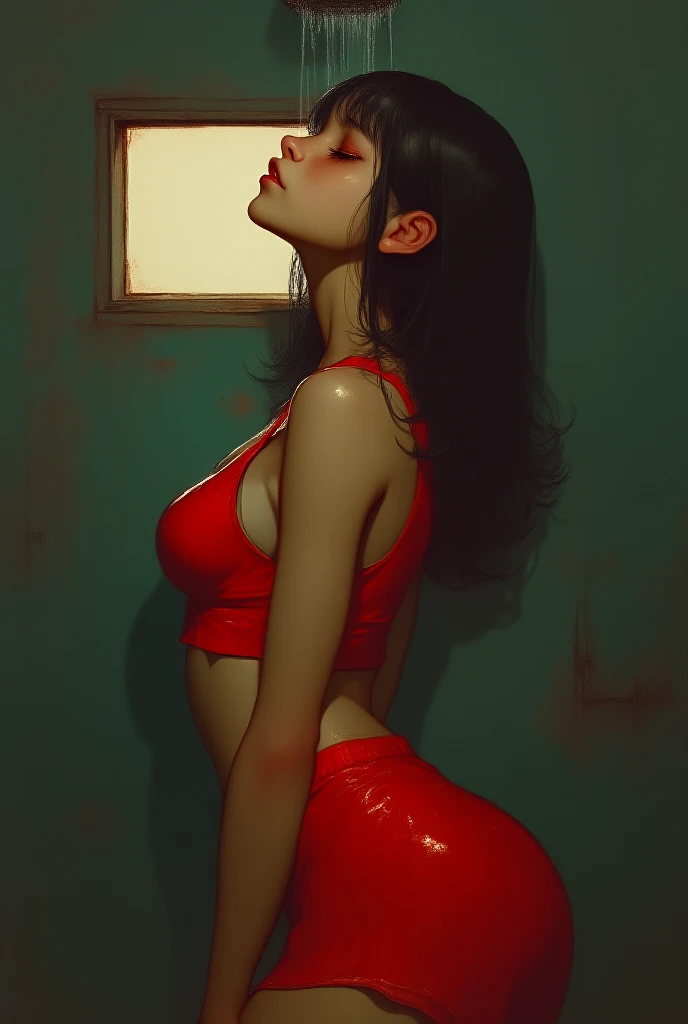 Photorealistic image of a young pretty ulzzang Korean woman ,(big breast, solo), Realistic style, idol face, wearing a  red tank top with gold lining paired with red gym panty, [she's looking away], closed eyes looking up at the shower head, she's inside a home gym shower, view from side,  long hair with short full bangs, showing her sexy legs and ample butt, she's wet from the shower, the vibes is dim with morning light from a small bathroom window, dramatic cinematic vibes