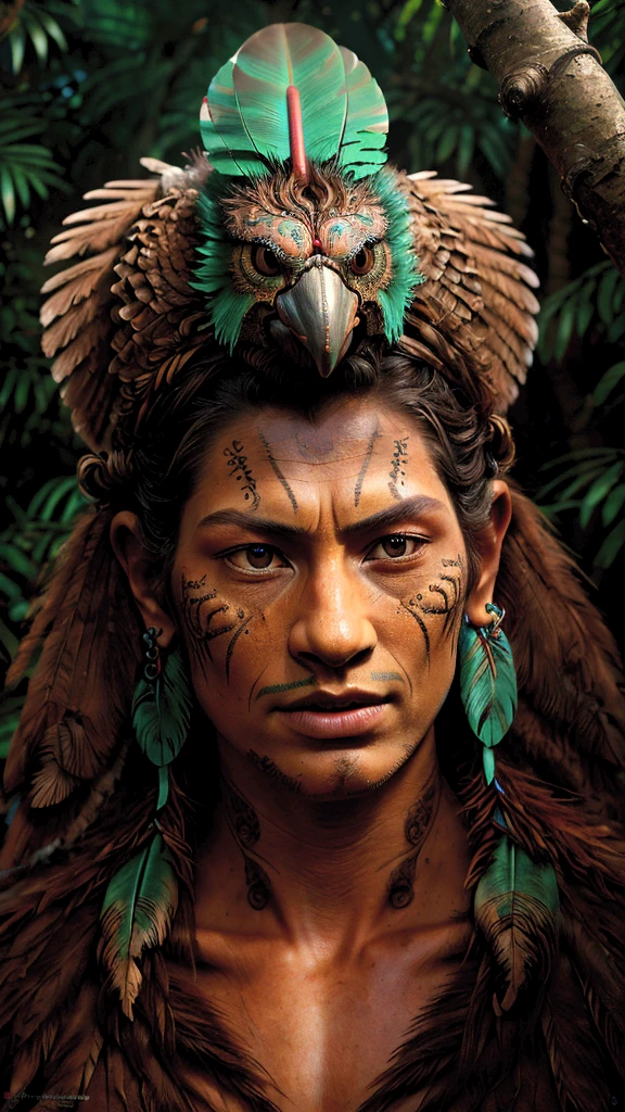 A dead Tecun Uman, the Mayan warrior, lying in the forest, an anthropomorphized quetzal bird embracing him, beautiful detailed eyes, extremely detailed face and feathers, (best quality,4k,8k,highres,masterpiece:1.2),ultra-detailed,(realistic,photorealistic,photo-realistic:1.37),fantasy,surreal,digital painting,dramatic lighting,vibrant colors,mystical atmosphere,intricate details