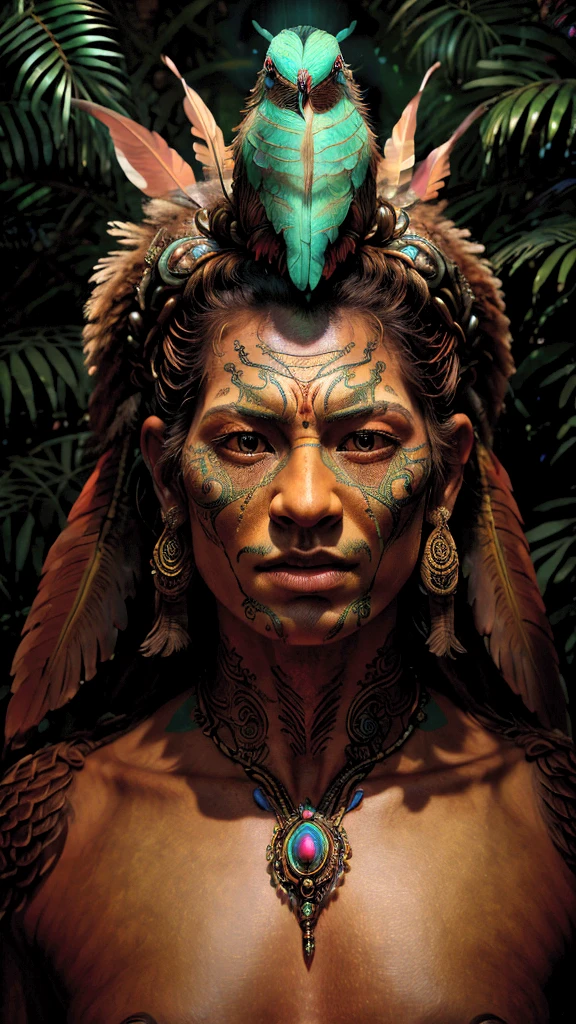 A dead Tecun Uman, the Mayan warrior, lying in the forest, an anthropomorphized quetzal bird embracing him, beautiful detailed eyes, extremely detailed face and feathers, (best quality,4k,8k,highres,masterpiece:1.2),ultra-detailed,(realistic,photorealistic,photo-realistic:1.37),fantasy,surreal,digital painting,dramatic lighting,vibrant colors,mystical atmosphere,intricate details