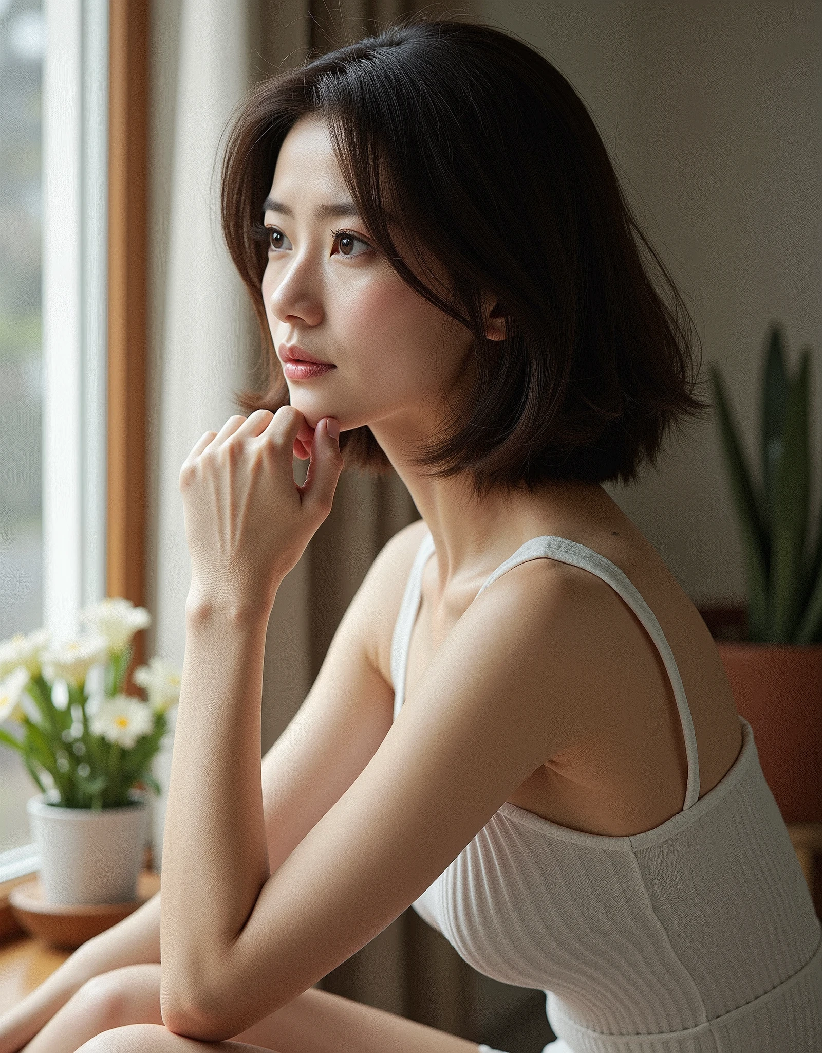 Side View, full body, sitting pose, noonday affair, cinema title The Widow's Passion , Japanese female 35-age, (brown middle hair), Big chest, middle hip, (photographic, super high definition , retina, masterpiece, anatomically correct, Accurate, textured skin, super detailed, High Details , High Quality , High Quality , high definition , 8k)