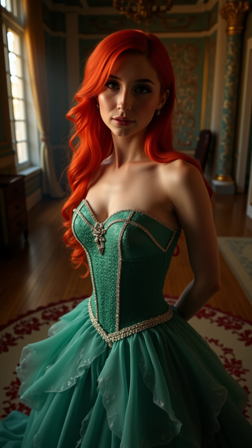 Very Close-up high angle portrait of a demure figure, a teen  in a ariel costume, ornate ball gown, ((18 years old with tiny breasts; Disney princess Ariel costume; glued to the body; beautiful and elegant; tiny breasts; red hair swept to the side))) and piercing gaze, standing in a dimly lit palace room with ornate designs and a high ceiling, with just a hint of early morning sunlight peeking through the windows. She stands firm, hands clasped behind her back, as she gives a slight  smile. The lighting in the room is dim with a lot focus on her tiny breasts