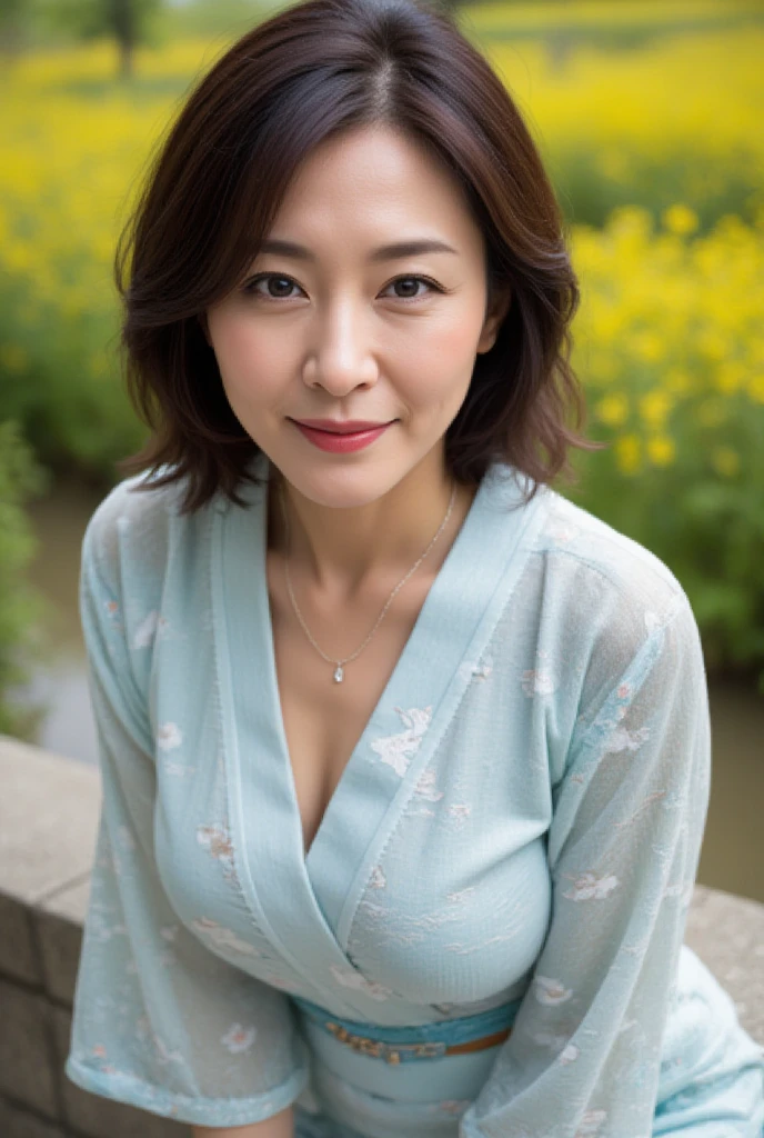 Japanese Garden,highest quality,Japanese ,Realistic characters, figure, Super detailed, finely, High resolution, Detailed and beautiful eyes,blouse, Center of chest, Natural color lip, Sexy pose,smile、40 year old girl,Short Hair ,Bra Top、Cowboy Shot,
