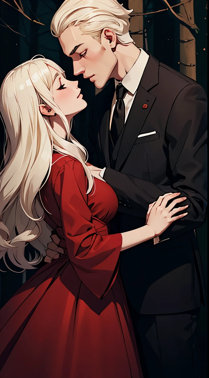 A dark forest background.
A girl With hair as white as paper blonde hair in a red dress. Being kissed by a man with black hair wearing a suit