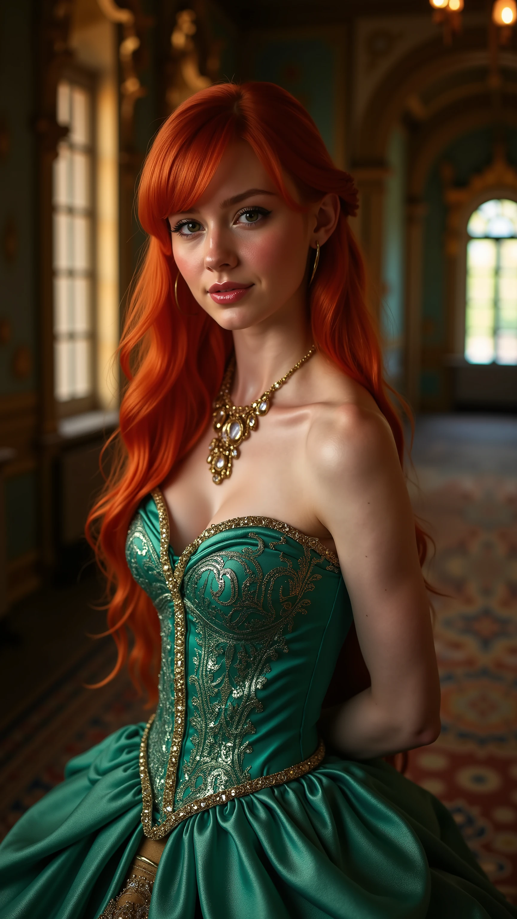 Very Close-up portrait of a demure figure, a ****  in a ariel costume, ornate ball gown, ((18 years old with tiny breasts; Disney princess Ariel costume; glued to the body; beautiful and elegant; tiny breasts; red hair swept to the side))) and piercing gaze, standing in a dimly lit palace room with ornate designs and a high ceiling, with just a hint of early morning sunlight peeking through the windows. She stands firm, hands clasped behind her back, as she gives a slight  smile. The lighting in the room is dim with a lot focus on her tiny breasts