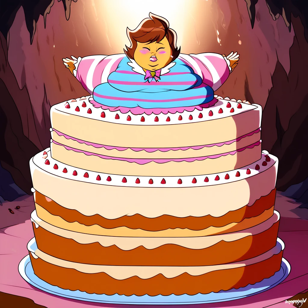 Living cake, masterpiece,best quality,newest,by huyihfrrd,1girl,small breasts,short hair,brown hair,friskut,yellow skin,full body,brown hair,striped shirt,long sleeves,eyes closed,front shot,in cave,solo,centered, fat, chubby, obese, gigantic arms and legs, blush,