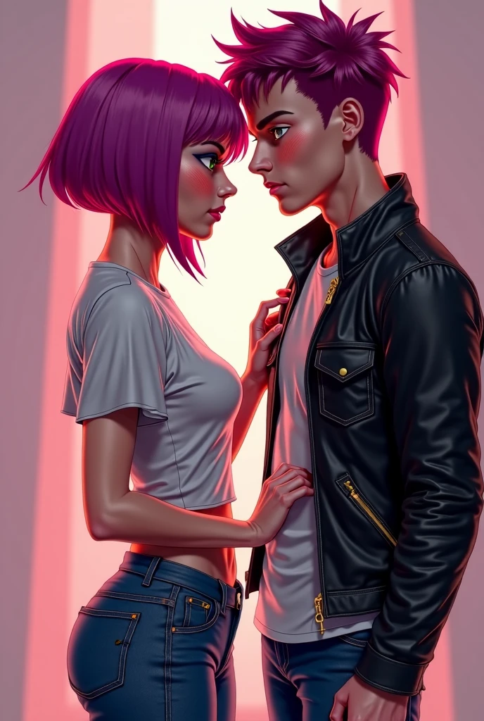 "RPG, A Machiavellian man and European ancestry, messy purple hair, Athletic, completely naked, holding and kissing his athletic, nude, pink-haired girlfriend, amidst a shattered dark melancholic environment, guweiz style art, RPG art."