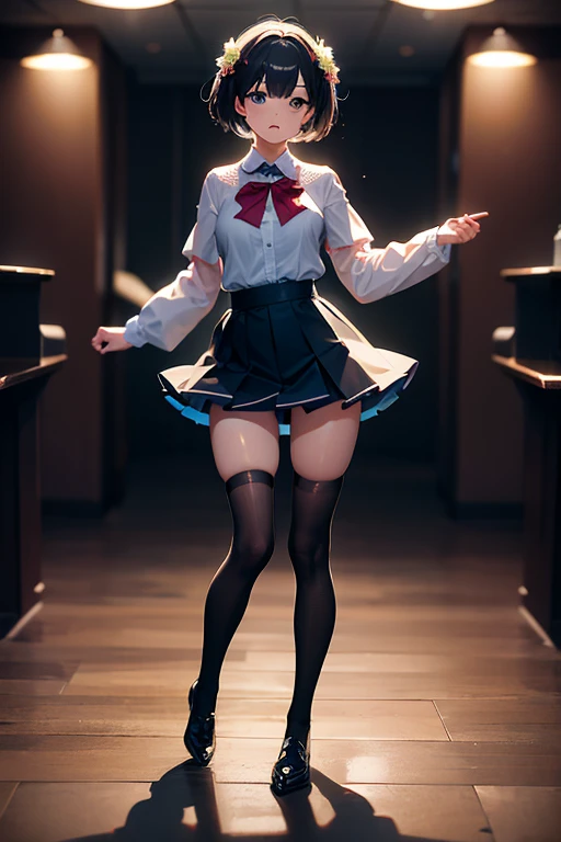 official art, unity 8k wallpaper, Super detailed, masterpiece, highest quality, (very detailed),(Raw photo,highest quality),(realistic,Photoreal:1.3),dynamic angle, fire glow effect, professional lighting, side light, cinematic light, ultra high resolution,best shadow, particles of light, Fine skin texture, detailed face, intricate details, Super detailed, shine,full body, masterpiece, royal background,beautiful face,blurred background,28 year old beautiful girl,shiny skin,thin,nice companion,delicate body、thin legs,beautiful black dress,black gloves, black thighhighs, white panties,sweaty,during the day,((Skirt flips up:1.2)),NSFW,sleeveless,tight clothes,Clothes sticking to the body,((chest expansion)),Extremely short mini skirt,raise one leg, Real World, Natural light,perfect Natural light,looking at viewer,