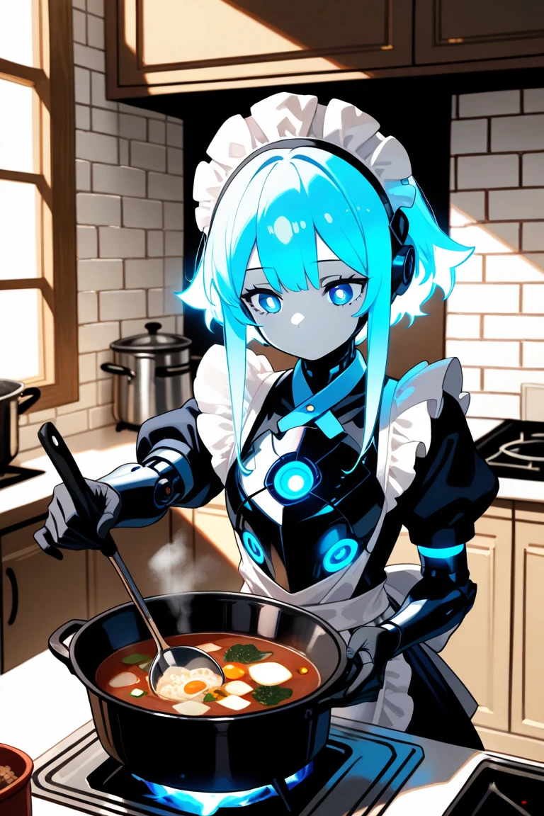 masterpiece,best quality,very aesthetic,absurdres,
1girl, anime style, android, robot, female android,  girl physique, white body, black parts, large and cute eyes, large blue eye-like light parts, blue eyes, white pupils, short blue glowing hair reaching shoulders, slightly unruly hair, disheveled hair, very long sidelocks reaching ankles, short hair at back, maid uniform, frilly, cooking, stirring a large pot of creamy soup with a ladle, very mechanical, no mouth or eyebrows, large chest, armored chest parts, armored abdomen, cute pose, girlish pose, close up, kitchen, brick tile and wooden furniture