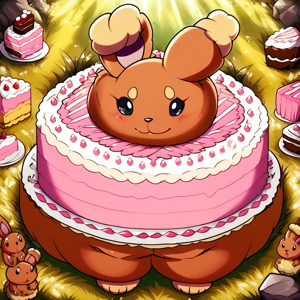 Living cake, score_9, solo, buneary, furry, pokemon_(creature), black eyes, brown fur, body fur, rabbit ears, grass, rocks, natural lighting, fat, chubby, obese, gigantic arms and legs, blush,