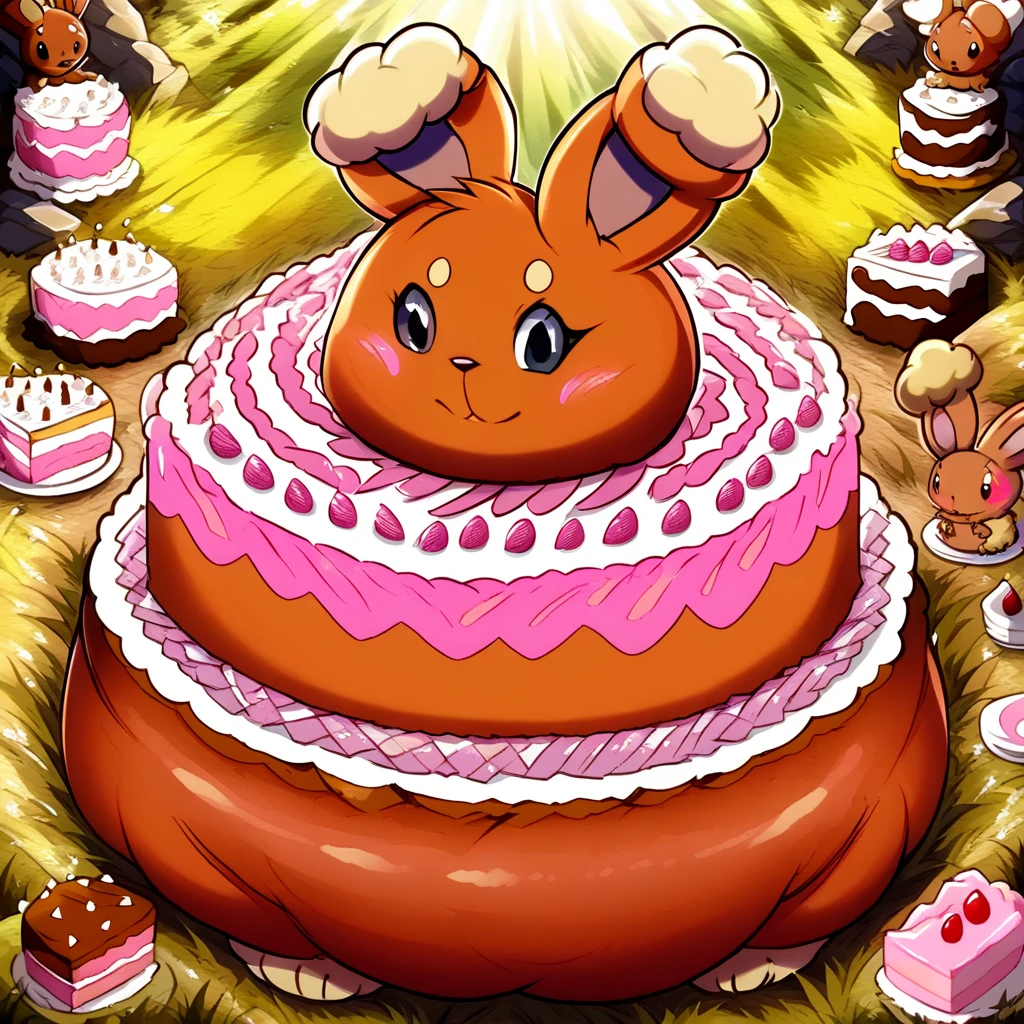 Living cake, score_9, solo, buneary, furry, pokemon_(creature), black eyes, brown fur, body fur, rabbit ears, grass, rocks, natural lighting, fat, chubby, obese, gigantic arms and legs, blush,