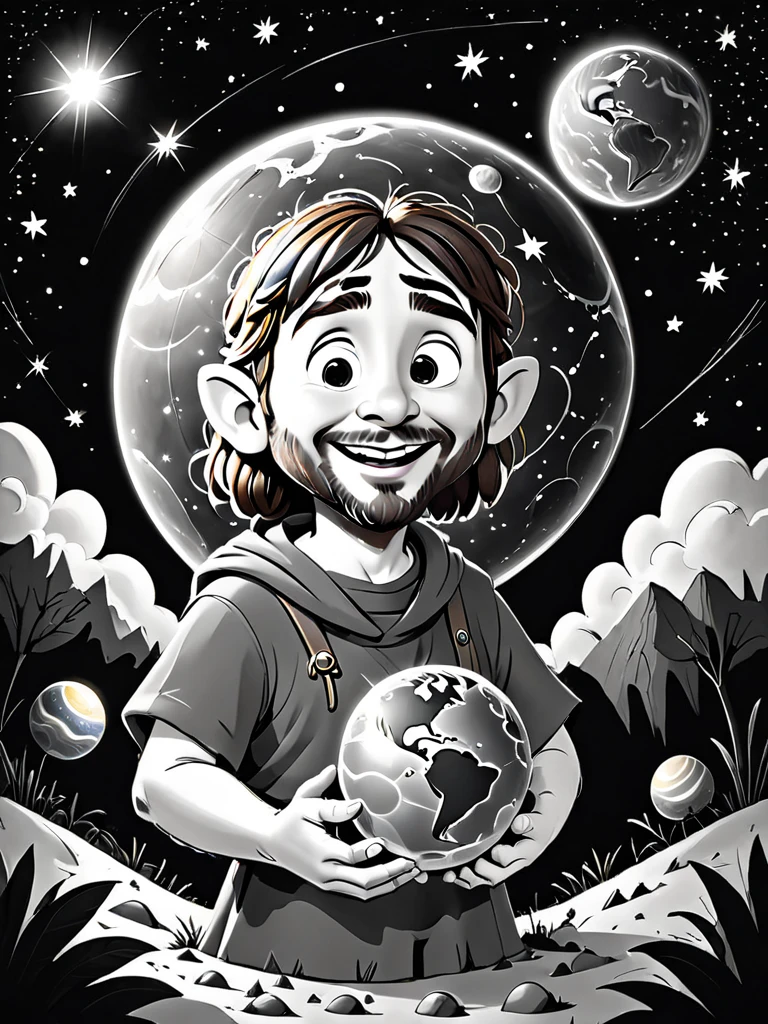 A illustration for a ren's coloring book in black and white inspired by the art style of 'The Gruffalo.' The image features a happy Jesus Christ holding the glowing planet earth in his hands under a vibrant starry sky. The style is whimsical, not dark, textured, and detailed, with a hand-drawn look, designed to appeal to young ren. The selection has been removed, leaving a seamless illustration.