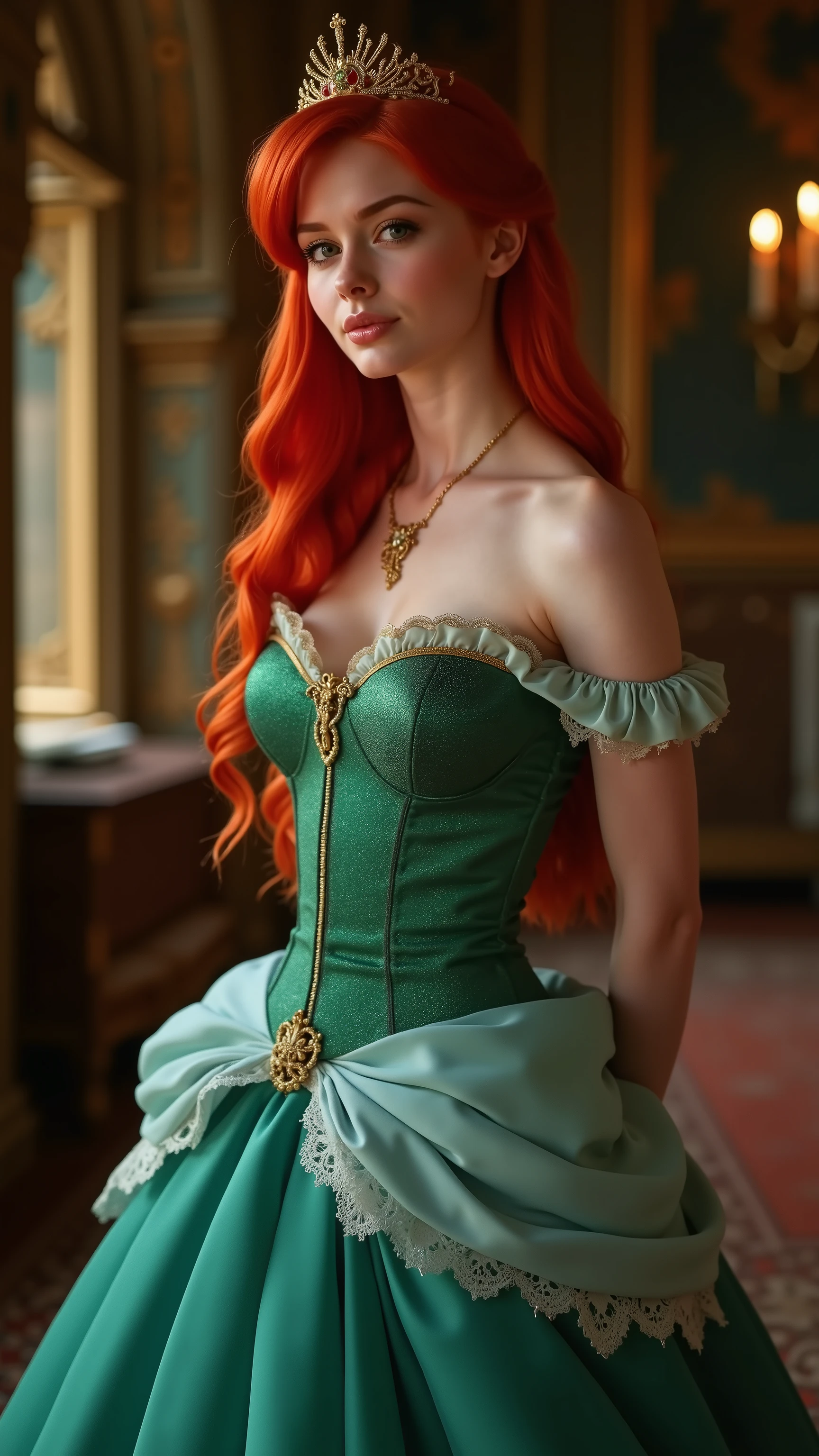 Very Close-up portrait of a demure figure, a teen  in a ariel costume, ornate ball gown, ((18 years old with tiny breasts; Disney princess Ariel costume; glued to the body; beautiful and elegant; tiny breasts; red hair swept to the side))) and piercing gaze, standing in a dimly lit palace room with ornate designs and a high ceiling, with just a hint of early morning sunlight peeking through the windows. She stands firm, hands clasped behind her back, as she gives a slight  smile. The lighting in the room is dim with a lot focus on her tiny breasts