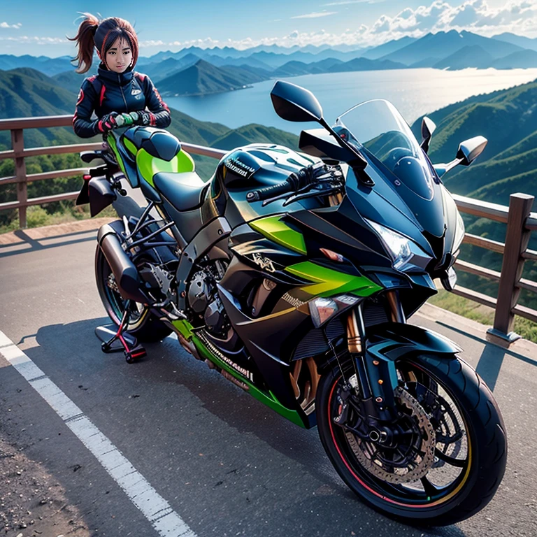 Kawasaki「ninja」 at a mountain observatory。Modern day Kunoichi taking a break with 、