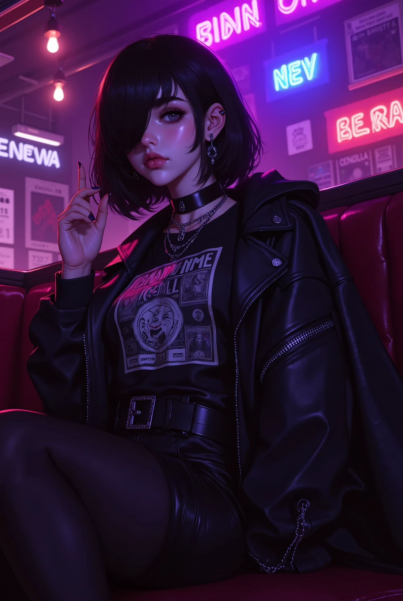 1Girl early twenties, black hair with messy short hair and curtain bangs at the sides, hair covering one eye, light skin, oval-shaped face with small chin, round eyes, Heterochromia, serious expression. Mall goth outfit, band t-shirt with pants and with a black plain choker on her neck, black leather jacket, silver chains in the details and jewelry, slightly lanky body. Medium size breasts. She is in a bar. She is sitting in a booth with one of her legs crossed over the other, 3/4 pose. Low view camera (-45 degree angle). Niji style. High Resolution, Masterpiece, Anatomically Correct. 35mm, Nikon, Bloom. Lowkey LIGHTING. Looking at viewer. Two point dramatic lighting, one light in the front side (loop lighting in purple), one light behind from the bar light.