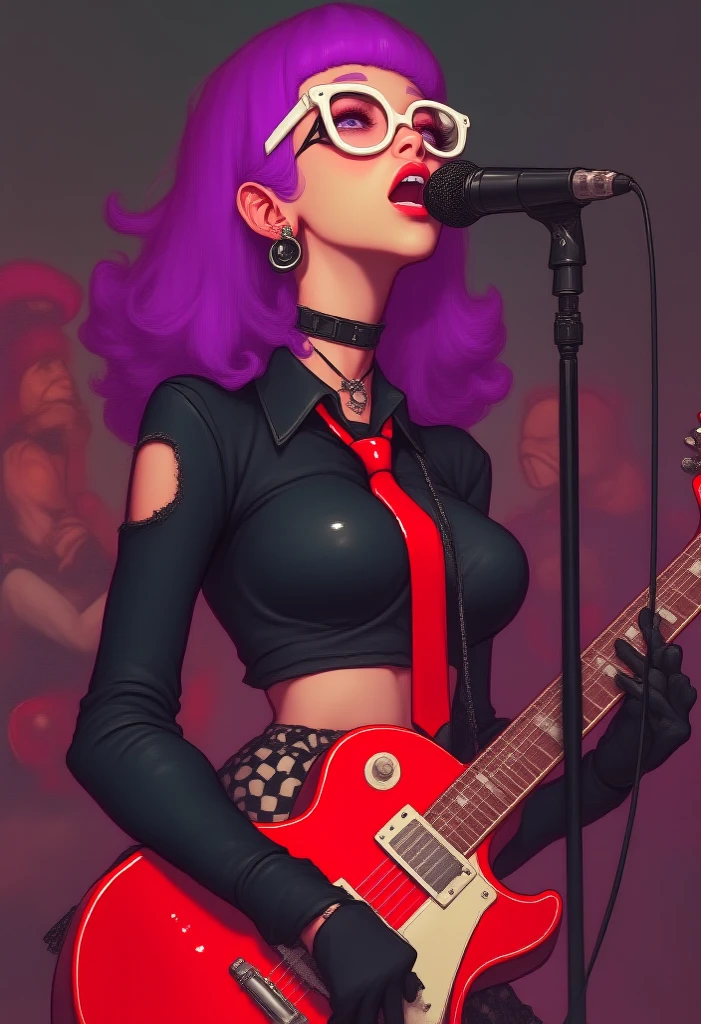 geek Rockstar ulzzang nerd babe with violet hair and heavy eyeliner wearing black choker and wearing white eyeglasses with black rock n roll ripped long sleeves with red necktie and black gloves with checkered pleated mini skirt and fishnets leggings, She is ulzzang young pretty sexy with large breast holding a red electric guitar while singing shouting in front of a mic and behind her is his rock band members, her skin is smooth and flawless, the vibes is rock n roll cool, Camera settings is 100 ISO and f/2.8 aperture with a high speed shutter speed, [The atmosphere has a warm tint light filling the scene], best quality and UHD 8k