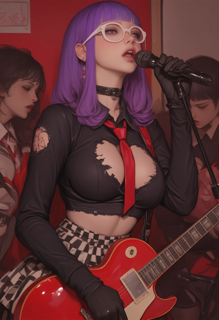 geek Rockstar ulzzang nerd babe with violet hair and heavy eyeliner wearing black choker and wearing white eyeglasses with black rock n roll ripped long sleeves with red necktie and black gloves with checkered pleated mini skirt and fishnets leggings, She is ulzzang young pretty sexy with large breast holding a red electric guitar while singing shouting in front of a mic and behind her is his rock band members, her skin is smooth and flawless, the vibes is rock n roll cool, Camera settings is 100 ISO and f/2.8 aperture with a high speed shutter speed, [The atmosphere has a warm tint light filling the scene], best quality and UHD 8k