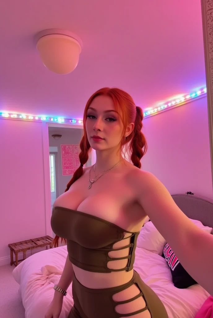 emmaleiah. The image is a photograph of a young woman taking a selfie in a brightly lit, teen cozy bedroom. She has fair skin and long, wavy red hair styled in two pigtails. She is wearing an olive green, strapless crop top with cut-out details on the sides, and a matching high-waisted mini skirt. Her top accentuates her breasts, and she has a slender, athletic build. pink room