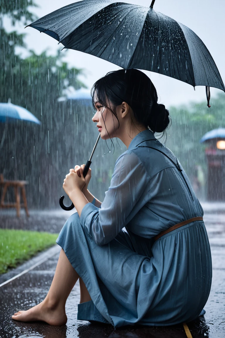  The characters are 2 women 。
 in the downpour、 back view of a woman sitting on the ground crying 。
There、 only depicts the hand of another woman holding out an umbrella with one hand。