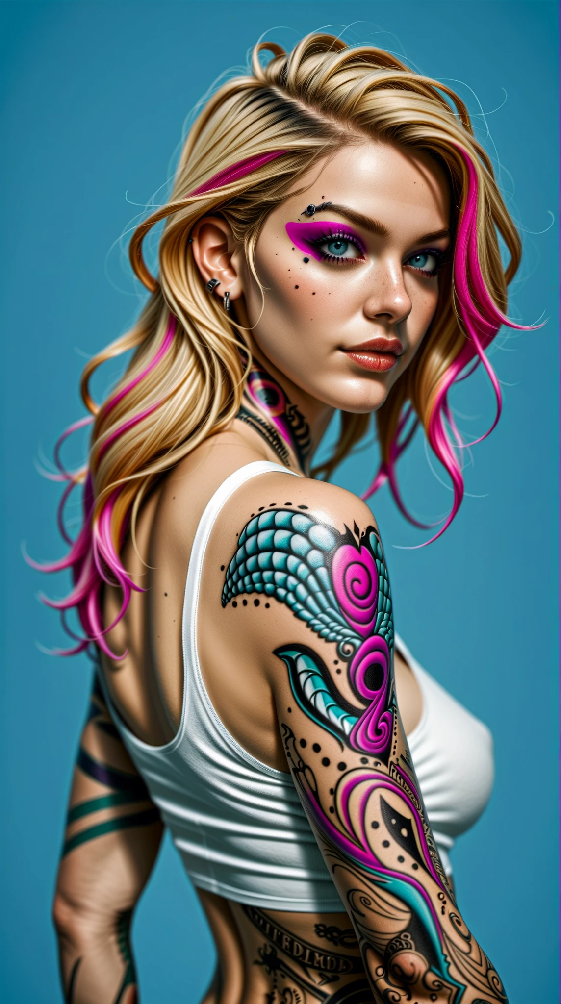 (style of richard deacon), formal wear  android,1girl,a  beautiful girl in a colourful dress with colourful intricate tattoos surrounded by colourful patterns,(Luminous burning hair:1.2),  realistic fantasy, extremely detailed and beautiful , 8 k resolution,