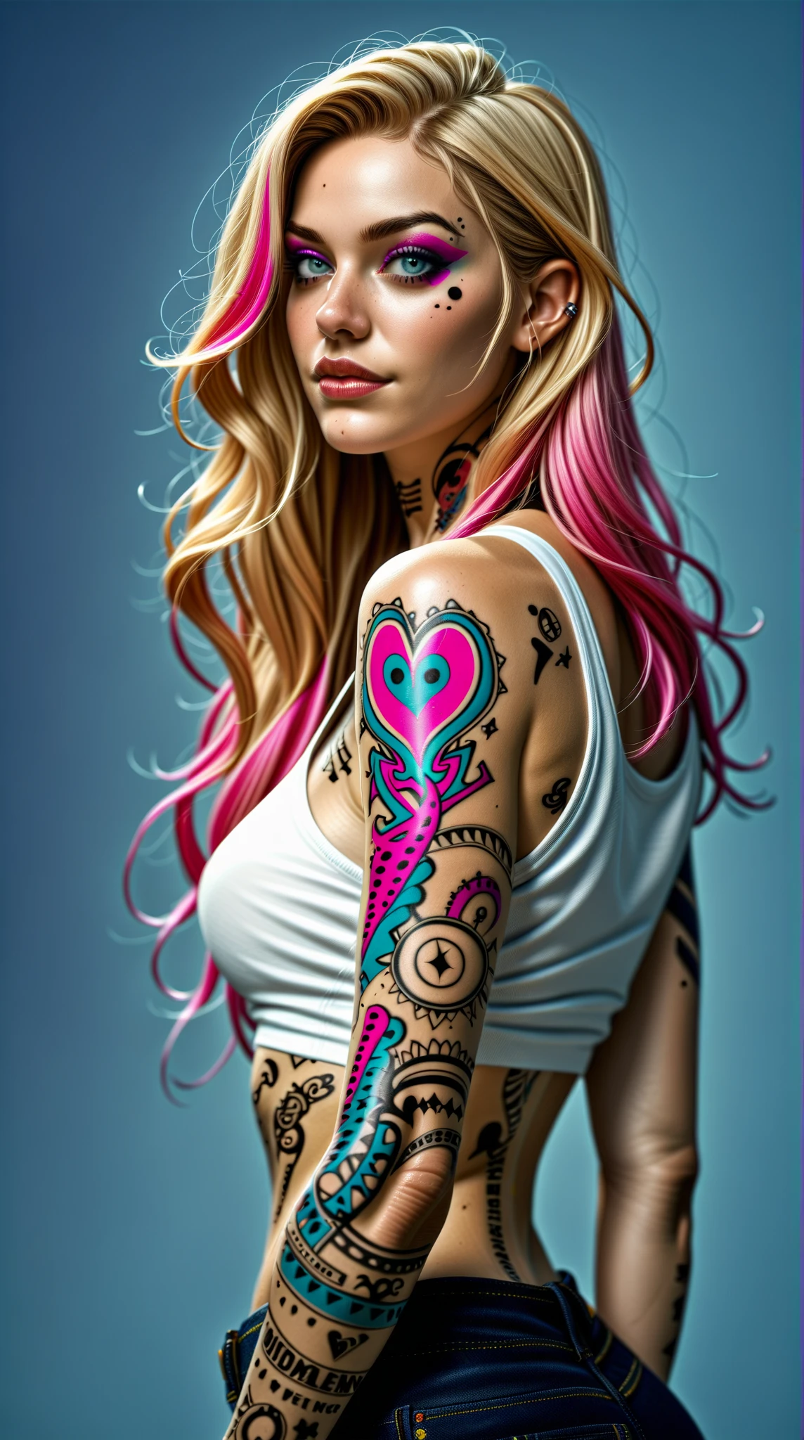 (photorealistic), (realistic), portrait of woman standing, milf, professor, (freckles:0.7), solo, sexy, seductive smile, best quality, highly detailed, masterpiece, ultra-detailed, illustration, small pink lips, sexy attire , studio_ghibli_anime_style style,
upper body, red dragon tattoo, tattoo design, stencil, tattoo stencil,
[(colorful explosion psychedelic paint colors:1.21)::0.2],
colorful, shimmering blue eyes, blowout hair,  ({platinum|red|pink|cyan|brown|green|purple|magenta|blond} hair:1.1),detailed eyes, intricate face,
black background, simple background, dearness, high contrast, (secret:0.9),