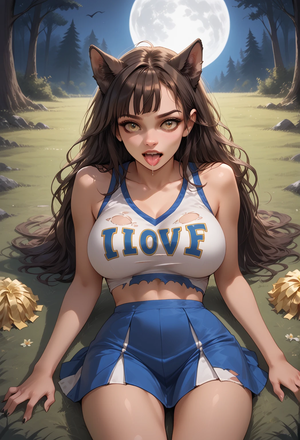 (transformation:1.5), a sexy cheerleader being transformed into a werewolf. Wolf ears, wolf tail, wolf paws, wolf claws, wolf fur, wolf teeth, wolf tongue, wolf nose, "WOLVES" on her uniform, laying on her back, ripped clothing, at midnight, under the moonlight, full moon, moonlit forest clearing background, large breasts, howling up at the moon, face pushing outward into a wolf muzzle, 1girl, solo