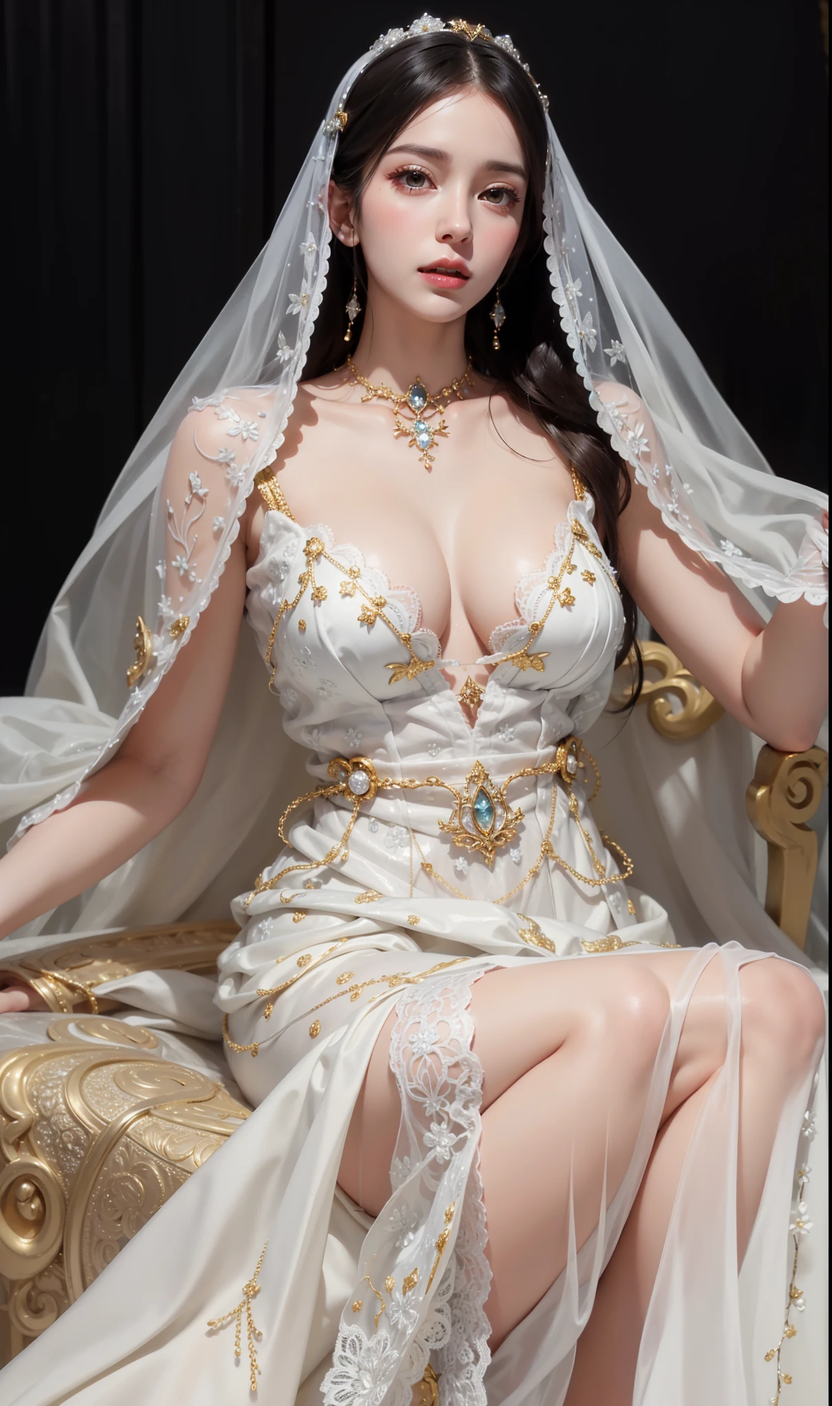 Photorealistic Production, (Realistic Image of a beautiful woman (Morena Baccarin:Alyssa Sutherland:0.5)), (Athletic Body:1.4), (Detailed Skin:1.2), (Wearing a Plunging White Ornated Kebaya Dress with Silk Cloth and Golden Jeweleries:1.6), (Sly Face), (Deep Cleavage), (Various Poses:1.6), Centered, From Front Shot, Intricately Detailed, Intricate Face Detail, Intricate Hand Details, Cinematic Shot and Lighting, Realistic Colors, Masterpiece, Sharp Focus, Ultra Detailed, Taken with DSLR camera, Realistic Photography, Depth of Field, Incredibly Realistic Environment and Scene, Master Composition and Cinematography, ((lifting up her dress))