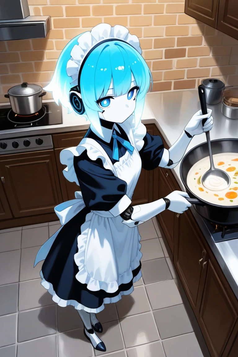 masterpiece,best quality,very aesthetic,absurdres,
1girl, anime style, android, robot, female android,  girl physique, white body, black parts, large and cute eyes, large blue eye-like light parts, blue eyes, white pupils, short blue glowing hair reaching shoulders, slightly unruly hair, disheveled hair, very long sidelocks reaching ankles, short hair at back, maid uniform, frilly, cooking, stirring a large pot of creamy white soup with a ladle, very mechanical, no mouth or eyebrows, large chest, armored chest parts, armored abdomen, cute pose, girlish pose, close up, kitchen, brick tile and wooden furniture