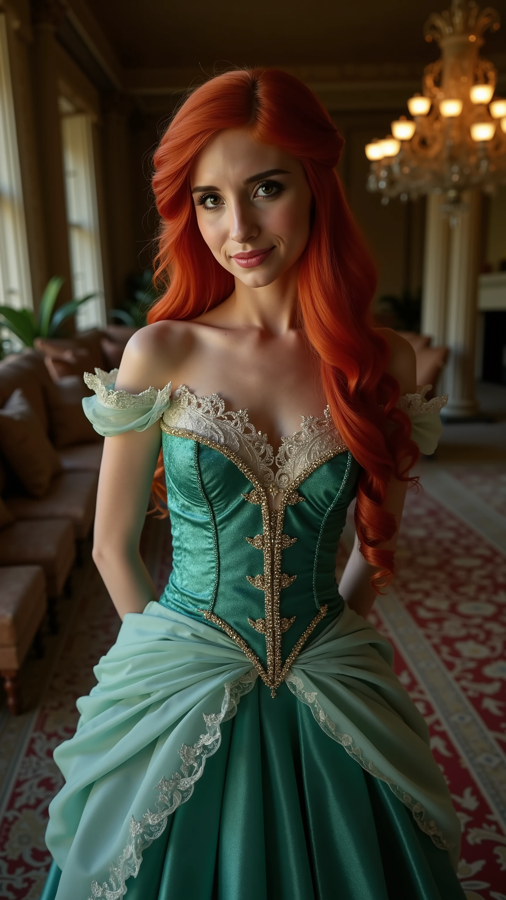 Very Close-up portrait of a demure figure, a teen  in a ariel costume, ornate ball gown, ((18 years old with tiny breasts; Disney princess Ariel costume; glued to the body; beautiful and elegant; tiny breasts; red hair swept to the side))) and piercing gaze, standing in a dimly lit palace room with ornate designs and a high ceiling, with just a hint of early morning sunlight peeking through the windows. She stands firm, hands clasped behind her back, as she gives a slight  smile. The lighting in the room is dim with a lot focus on her tiny breasts