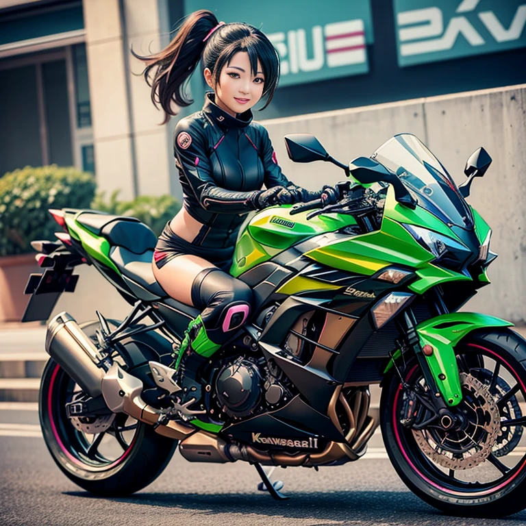 Kawasaki「ninja」Woman riding。smile、Modern day Kunoichi taking a break with 、