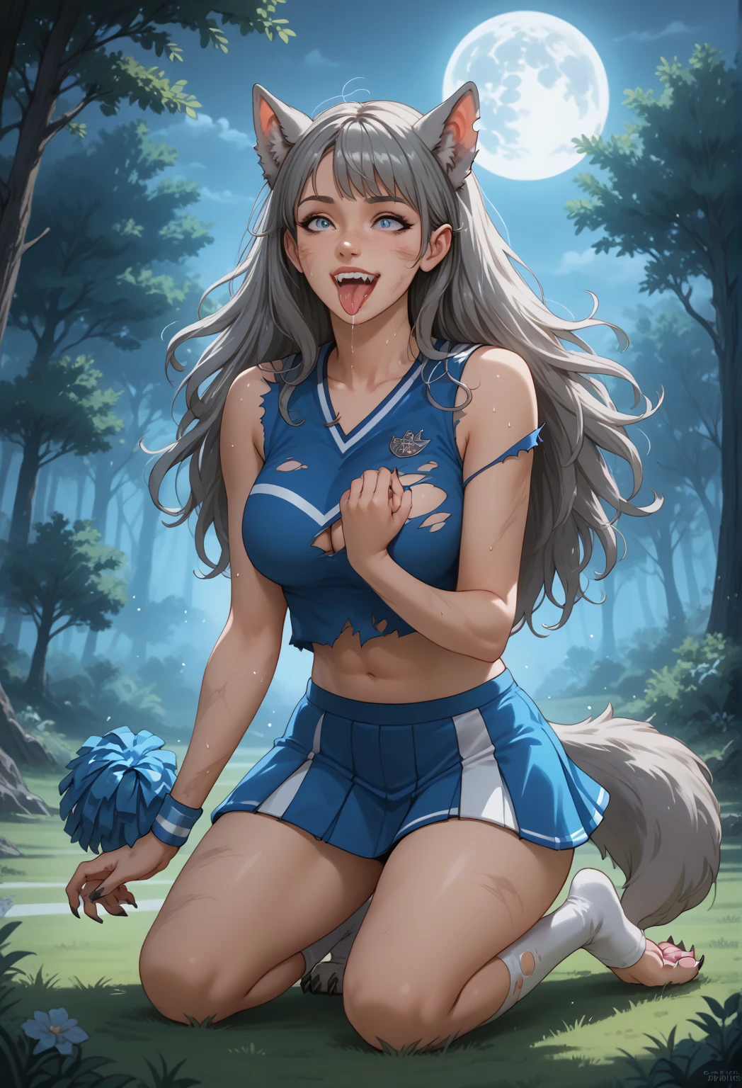 1girl, solo, (transformation:1.5), a sexy cheerleader being transformed into a werewolf. Her torso is dividing in half depicting two distinctly different looking werewolves, one dark and one light, representing different sides of her personality. Wolf ears, wolf tail, wolf paws, wolf claws, wolf fur, wolf teeth, wolf tongue, wolf nose, "Wolf" on her uniform, on her knees, ripped clothing, at midnight, under the moonlight, full moon, moonlit forest clearing background, large breasts, howling up at the moon, face pushing outward into a wolf muzzle, 1girl, solo